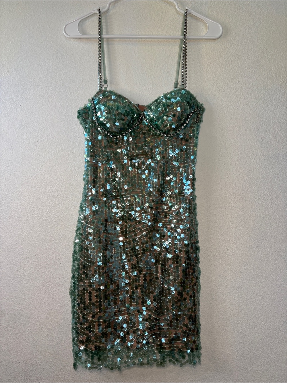 Sequined Emerald Bustier Mini Dress with Chain Straps